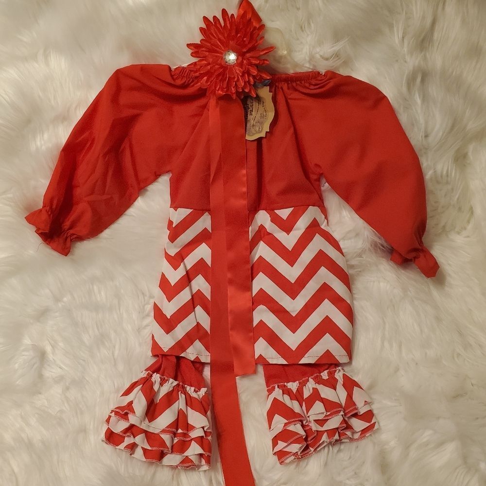 Boutique red & white Chevron ruffle pant set